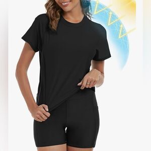 Tournesol Women's Rash Guard 2 Piece Short Sleeve Swim Shirt with Shorts XL